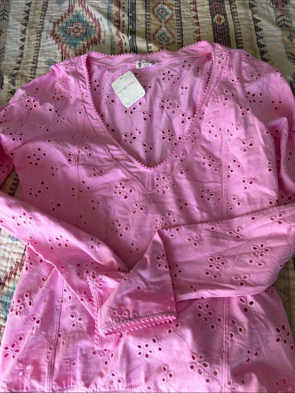 Free People Pink Eyelet V-Neck Long Sleeve Top
